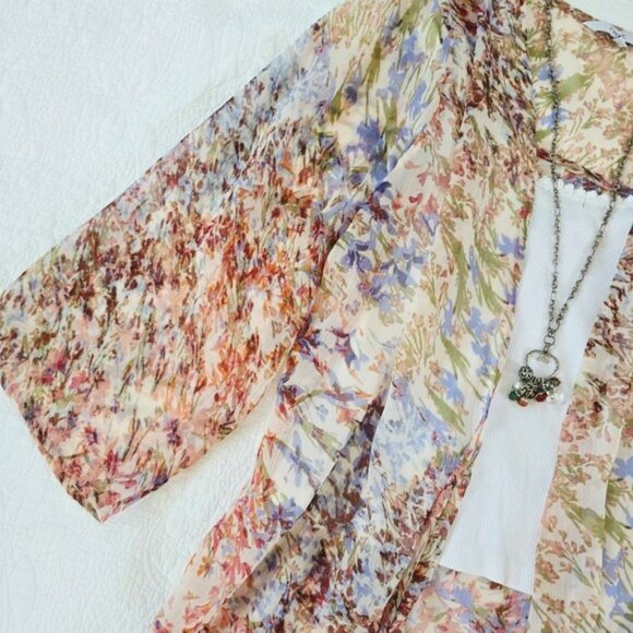 Boho Floral Sheer Kimono Cardigan Open Front Lightweight Layering Top Size 14 - Picture 7 of 13
